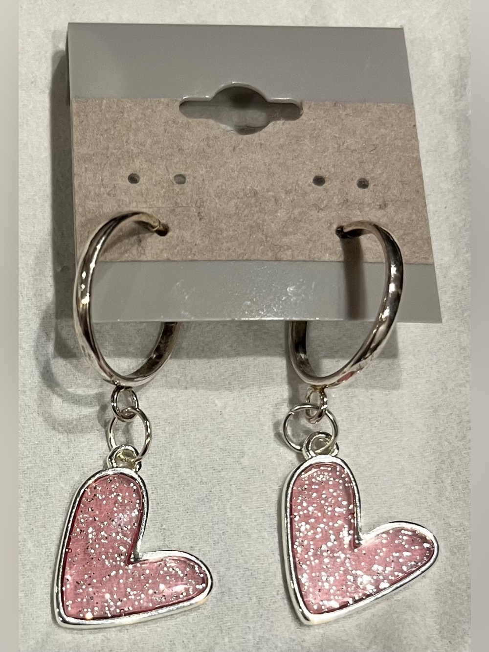Sparkling Translucent Pink and Silver Heart Drop Hoop Earrings NWT